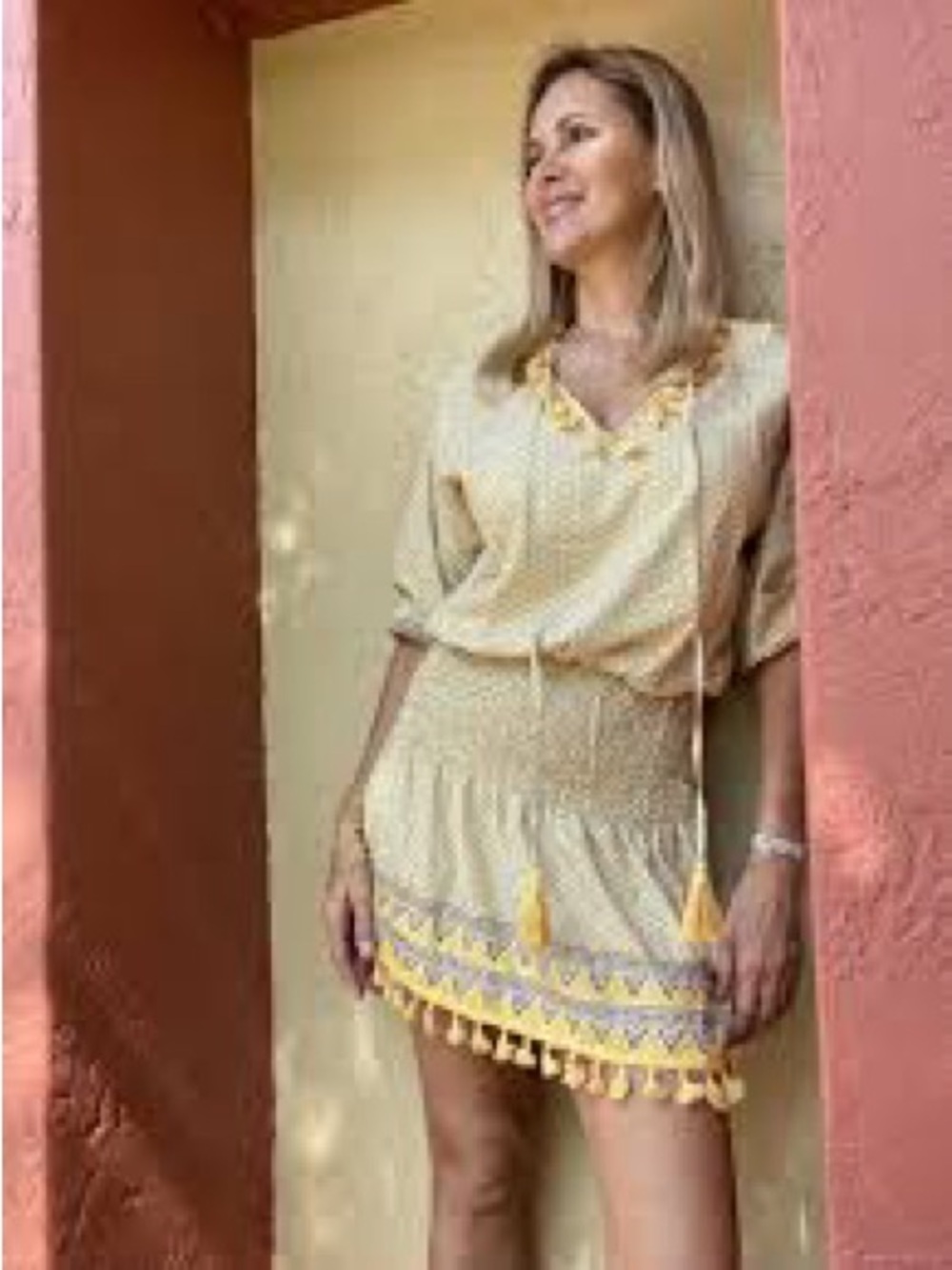 Yellow Geometric Mini Dress with Tassel Detail